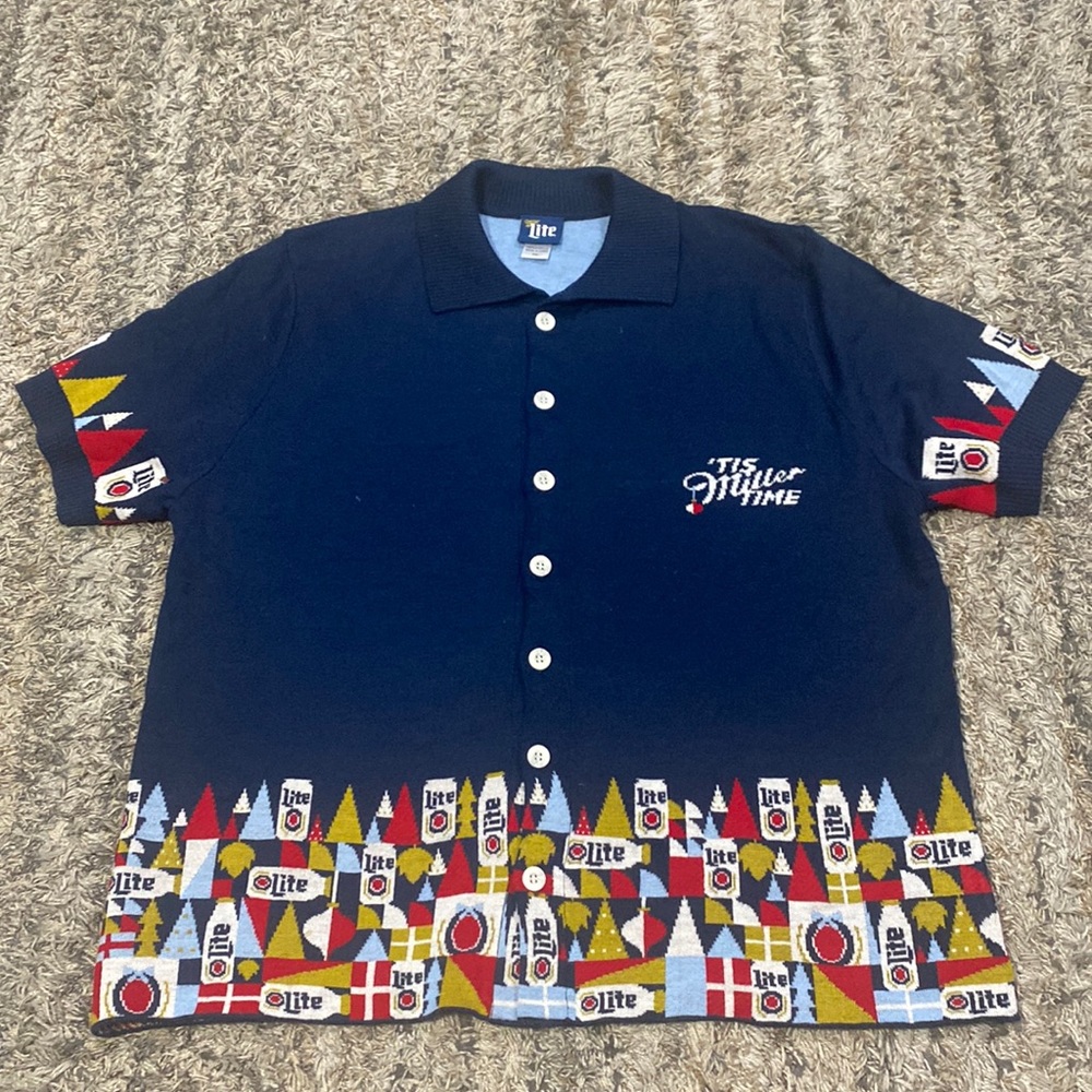Miller lite beer holiday, short sleeve, button, front sweater men’s sz XL